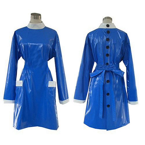 Blue Thin PVC Disciplinary Nurse Uniform Dress – Button-Back Medical Fantasy [G245]