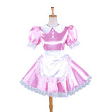 Pink Satin Puff Sleeve Lockable Sissy Maid Dress with Lace Apron [G192]