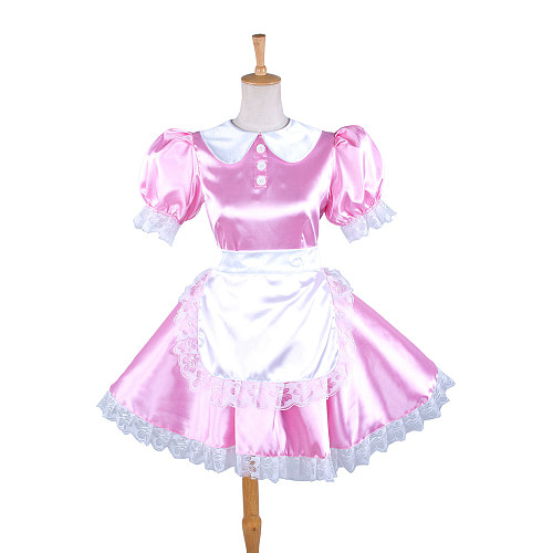 Pink Satin Puff Sleeve Lockable Sissy Maid Dress with Lace Apron [G192]