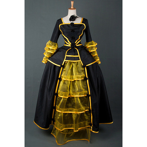 Victorian Black and Yellow Cotton Dress with Sheer Ruffle Sleeves [G214]