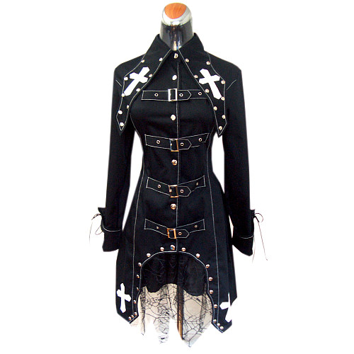 Black Cotton Gothic Cross Buckled Coat Dress with Lace Hem [G191]