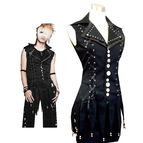 Black Cotton Gothic J-Rock Vest and Pants Set with Studded Details [G188]