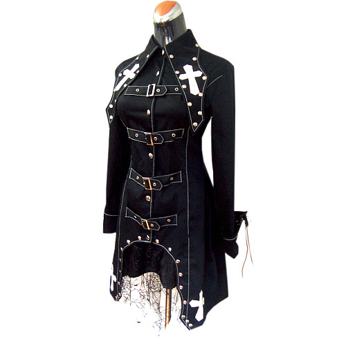 Black Cotton Gothic Cross Buckled Coat Dress with Lace Hem [G191]
