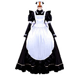 Black and White Long Satin Lockable Sissy Maid Dress with Apron [G1482]