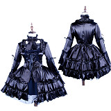 Black Satin Gothic Lolita Lockable Sissy Maid Dress with Ruffles and High Collar [G239]