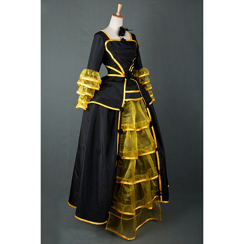 Victorian Black and Yellow Cotton Dress with Sheer Ruffle Sleeves [G214]