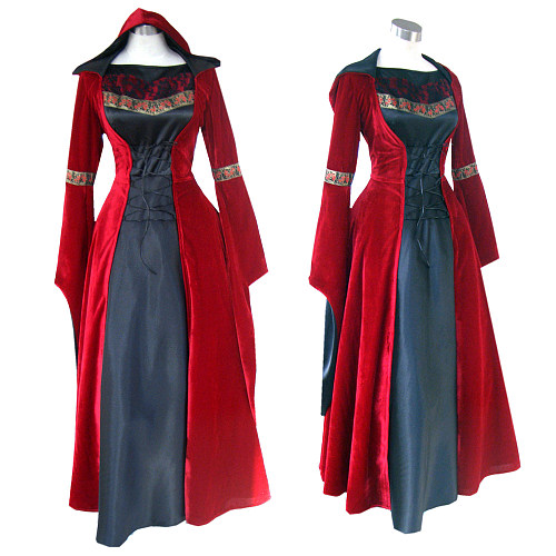 Red Velvet Hooded Medieval Victorian Dress with Embroidered Trim [G235]