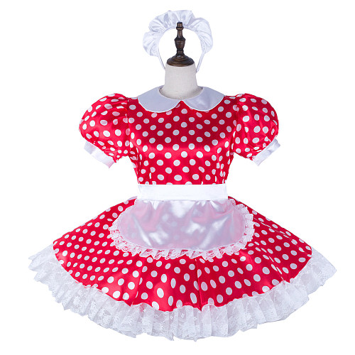 fondcosplay Lockable Red Polka Dot Satin Sissy Maid Dress with White Apron [G2306]