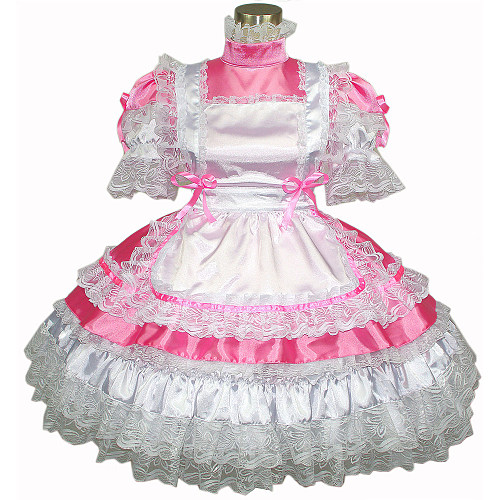 Pink Satin Lockable Sissy Maid Dress with White Lace Apron [G265]