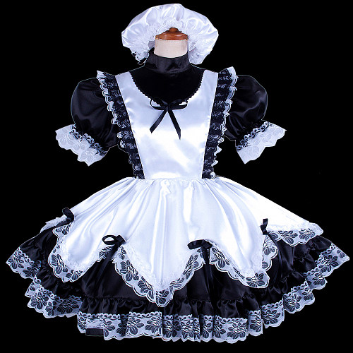 Black and White Satin Sissy Maid Dress with Lace Apron – Lockable Design [G281]