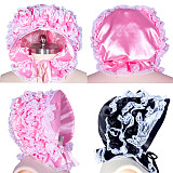 Ruffled Satin Sissy Maid Bonnet with Lace Trim – Pink or Black [B001]