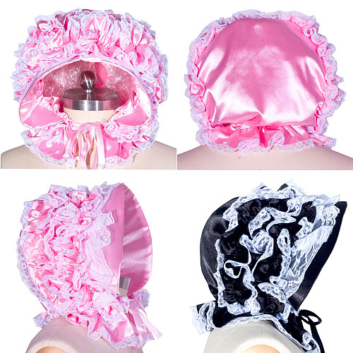 Ruffled Satin Sissy Maid Bonnet with Lace Trim – Pink or Black [B001]