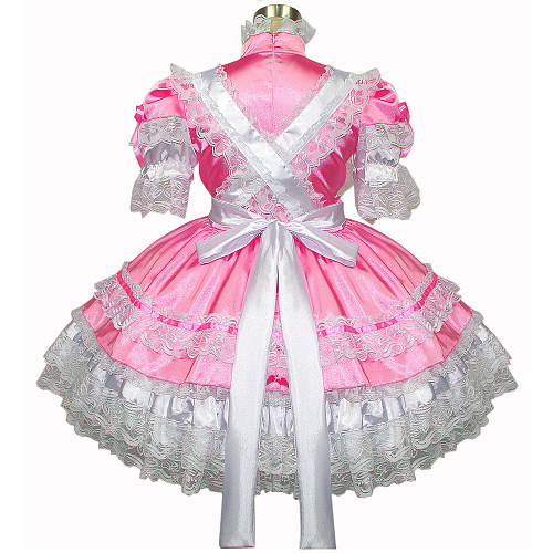 Pink Satin Lockable Sissy Maid Dress with White Lace Apron [G265]