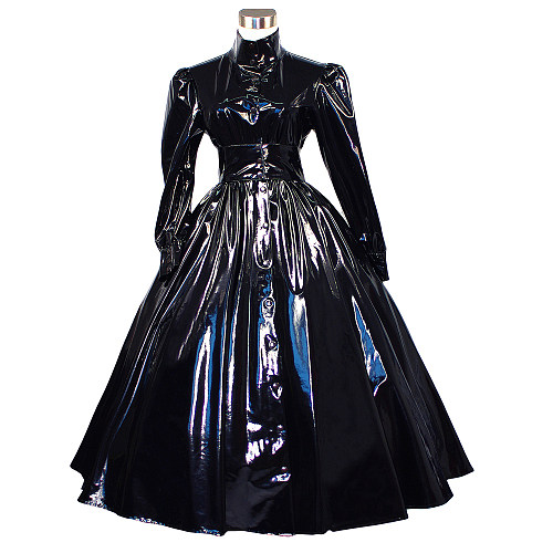 Black Thin PVC Sissy Maid Dress High Collar Full-Length Glossy Gown [G268]