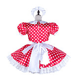 fondcosplay Lockable Red Polka Dot Satin Sissy Maid Dress with White Apron [G2306]