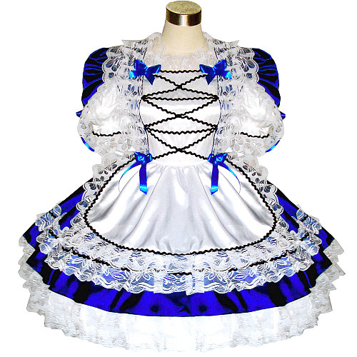 Royal Blue Satin Sissy Maid Dress with White Lace Apron – Lockable Design [G286]
