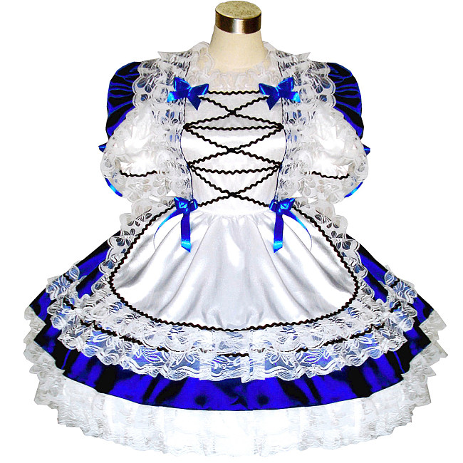 Royal Blue Satin Sissy Maid Dress with White Lace Apron – Lockable Design [G286]
