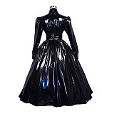 Black Thin PVC Sissy Maid Dress High Collar Full-Length Glossy Gown [G268]
