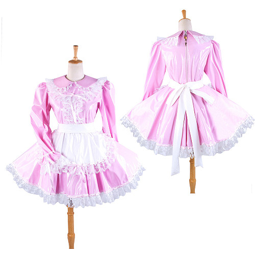 Pink Heavy PVC Sissy Maid Dress with White Lace Apron – Lockable Design [G287]
