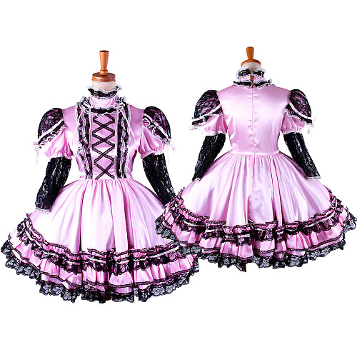 Pink Satin Sissy Maid Dress with Gothic Black Lace – Lockable Design [G283]