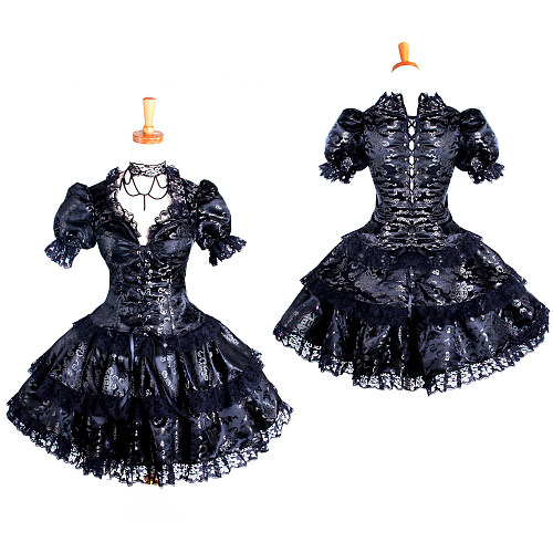 Black Brocade Sissy Maid Dress Satin Gothic Lolita Top and Skirt Set with Corset Lacing [G250]