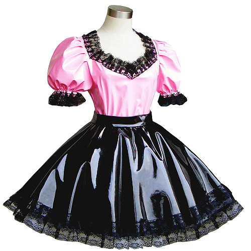 Pink and Black Thin PVC Sissy Maid Top and Skirt Set – Lockable Design [G291]