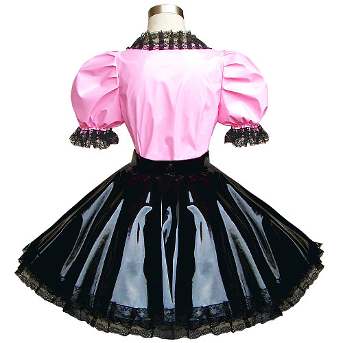 Pink and Black Thin PVC Sissy Maid Top and Skirt Set – Lockable Design [G291]