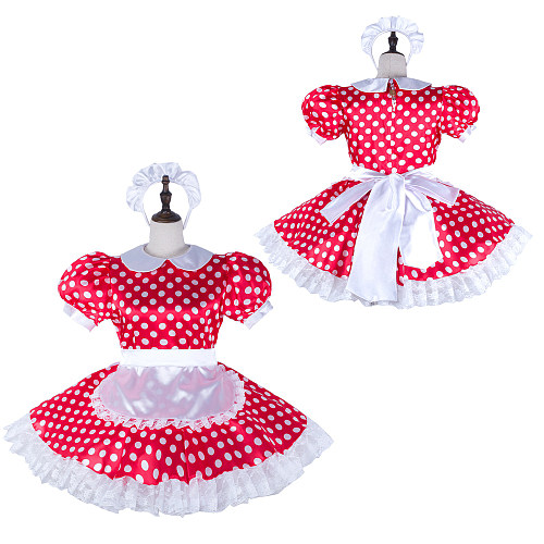fondcosplay Lockable Red Polka Dot Satin Sissy Maid Dress with White Apron [G2306]