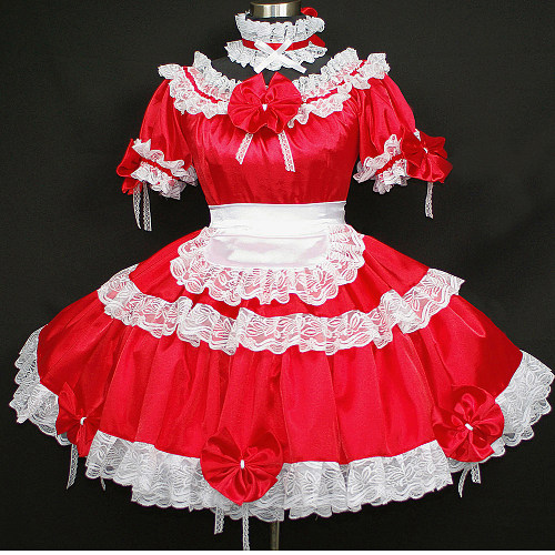 Red Satin Sissy Maid Dress with White Lace Apron and Bows – Lockable Design [G296]
