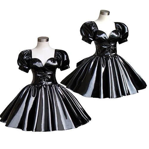 Black Heavy PVC Sissy Maid Dress with Back Bow – Lockable Design [G290]