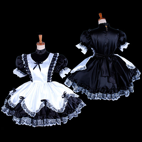 Black and White Satin Sissy Maid Dress with Lace Apron – Lockable Design [G281]
