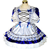 Royal Blue Satin Sissy Maid Dress with White Lace Apron – Lockable Design [G286]