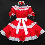 Red Satin Sissy Maid Dress with White Lace Apron and Bows – Lockable Design [G296]