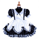 Black and White Satin Sissy Maid Dress with Lace Apron – Lockable Design [G281]