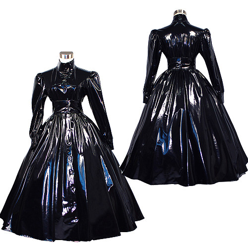 Black Thin PVC Sissy Maid Dress High Collar Full-Length Glossy Gown [G268]
