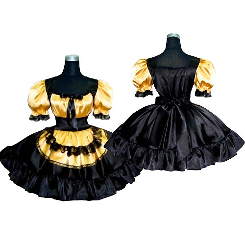 Gold and Black Satin Sissy Maid Dress with Ruffled Apron – Lockable Design [G276]