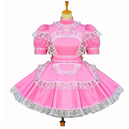 Pink Thin PVC Lockable Sissy Maid Dress with Lace Apron and High Collar [G260]