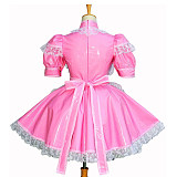 Pink Thin PVC Lockable Sissy Maid Dress with Lace Apron and High Collar [G260]