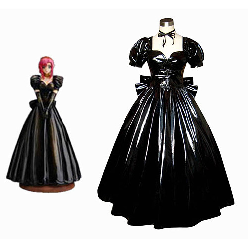 Black Thin PVC Sissy Maid Dress Gown with Puff Sleeves – Lockable Design [G302]