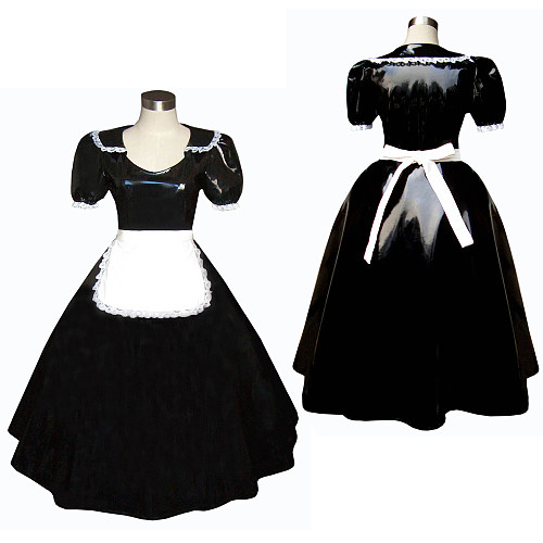 Classic Black Thin PVC Sissy Maid Long Dress with White Apron – Lockable Design [G304]