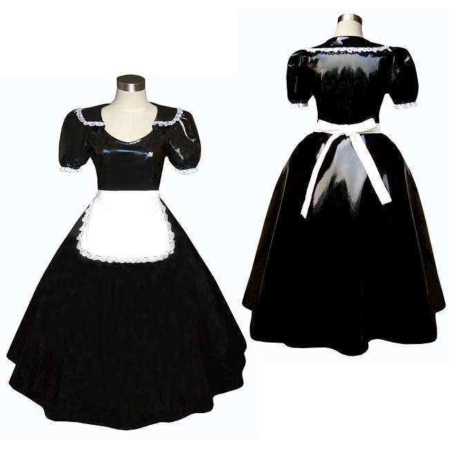 Classic Black Thin PVC Sissy Maid Long Dress with White Apron – Lockable Design [G304]