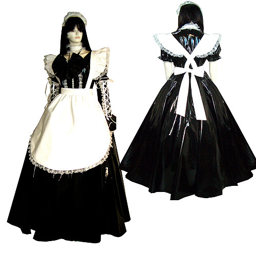 Black Thin PVC Sissy Maid Dress with White Apron – Lockable [G314]