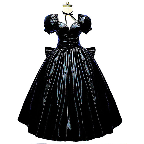 Black Thin PVC Sissy Maid Dress Gown with Puff Sleeves – Lockable Design [G302]