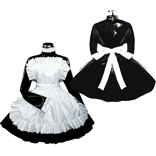 Black and White Heavy PVC Sissy Maid Dress with Fixed Apron – Lockable [G319]