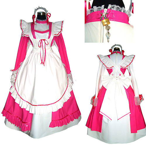 Pink and White Thin PVC Lockable Sissy Maid O Dress – Transformation Series [G329]