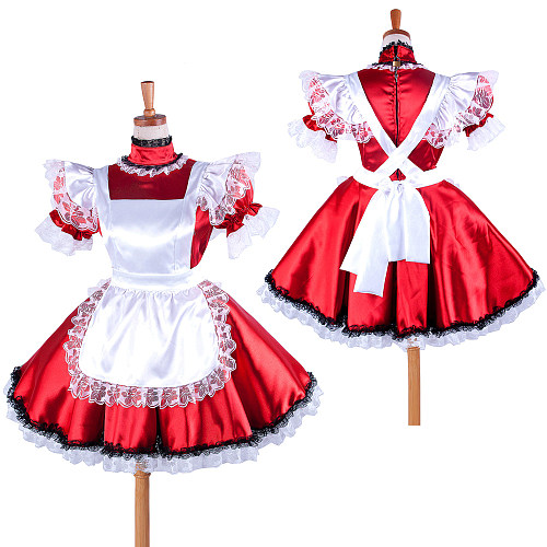 Red Satin Sissy Maid Dress with White Apron and Lace Trim – Lockable [G334]