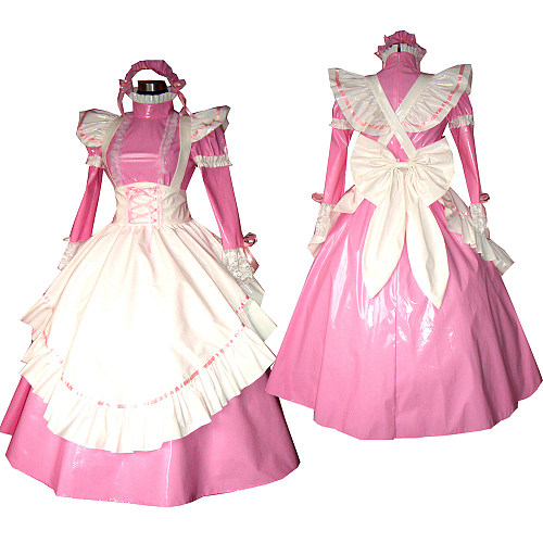 Pink Thin PVC Sissy Maid Dress with White Ruffled Apron – Lockable [G317]
