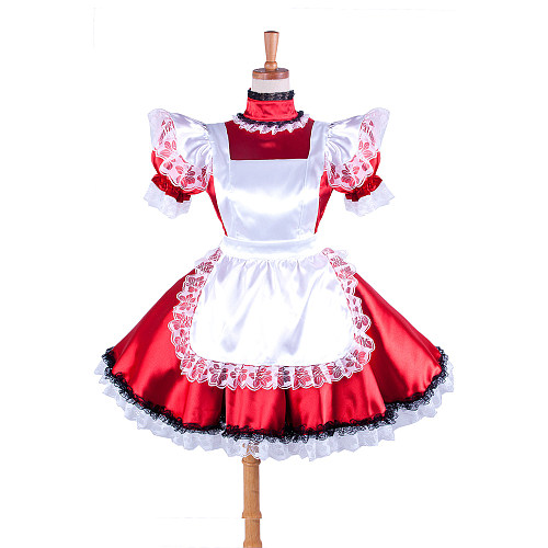Red Satin Sissy Maid Dress with White Apron and Lace Trim – Lockable [G334]