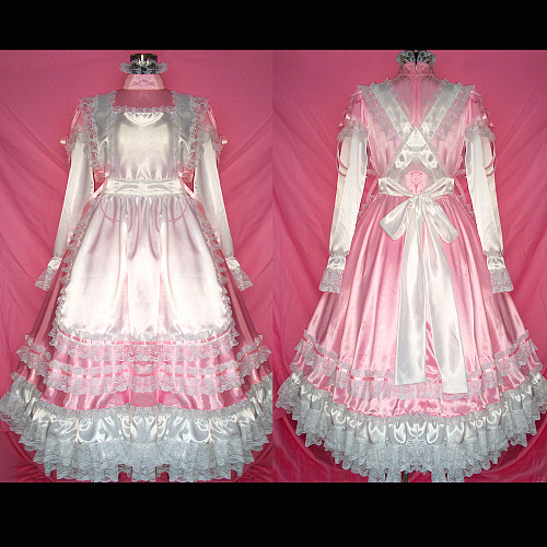 Pink Satin Long Sissy Maid Dress with White Lace Apron – Lockable [G327]
