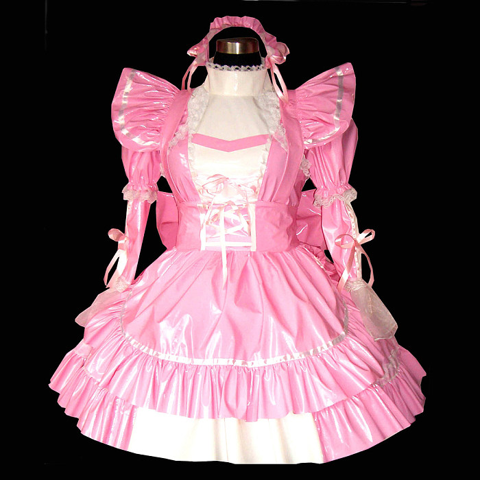 US$ 98.10 - Short Pink and White Thin PVC Sissy Maid Dress  Lockable  [G318] - www.fondcosplay.com